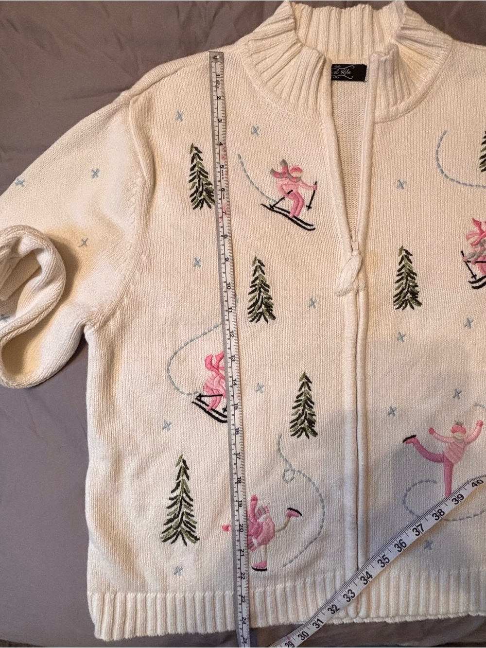 Vintage Crystal-Kobe Embroidered Ski Sweater Cardigan XL 90s Alpine Winter Full - Picture 6 of 9